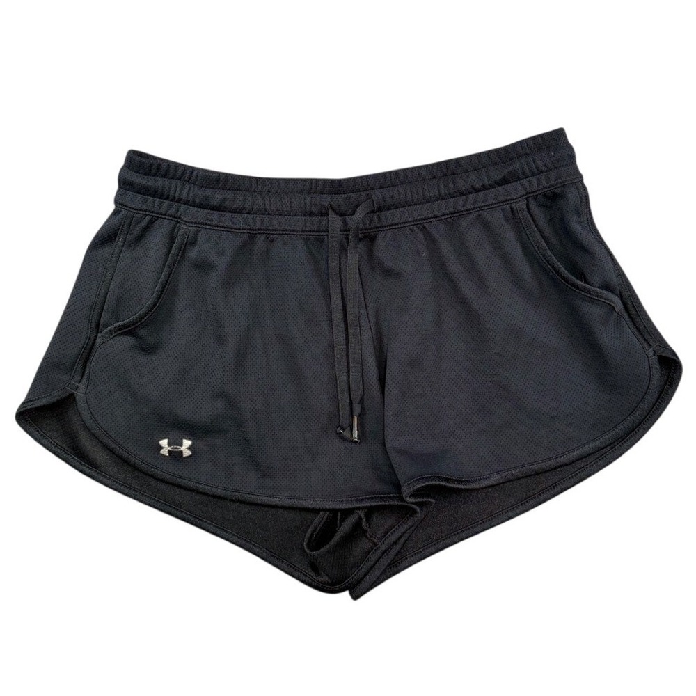 Under Armour Womens Black Mesh Athletic Dolphin Shorts Drawstring Pockets